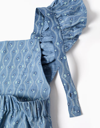 Macacão de algodão com folhos e padrão floral para menina, azul