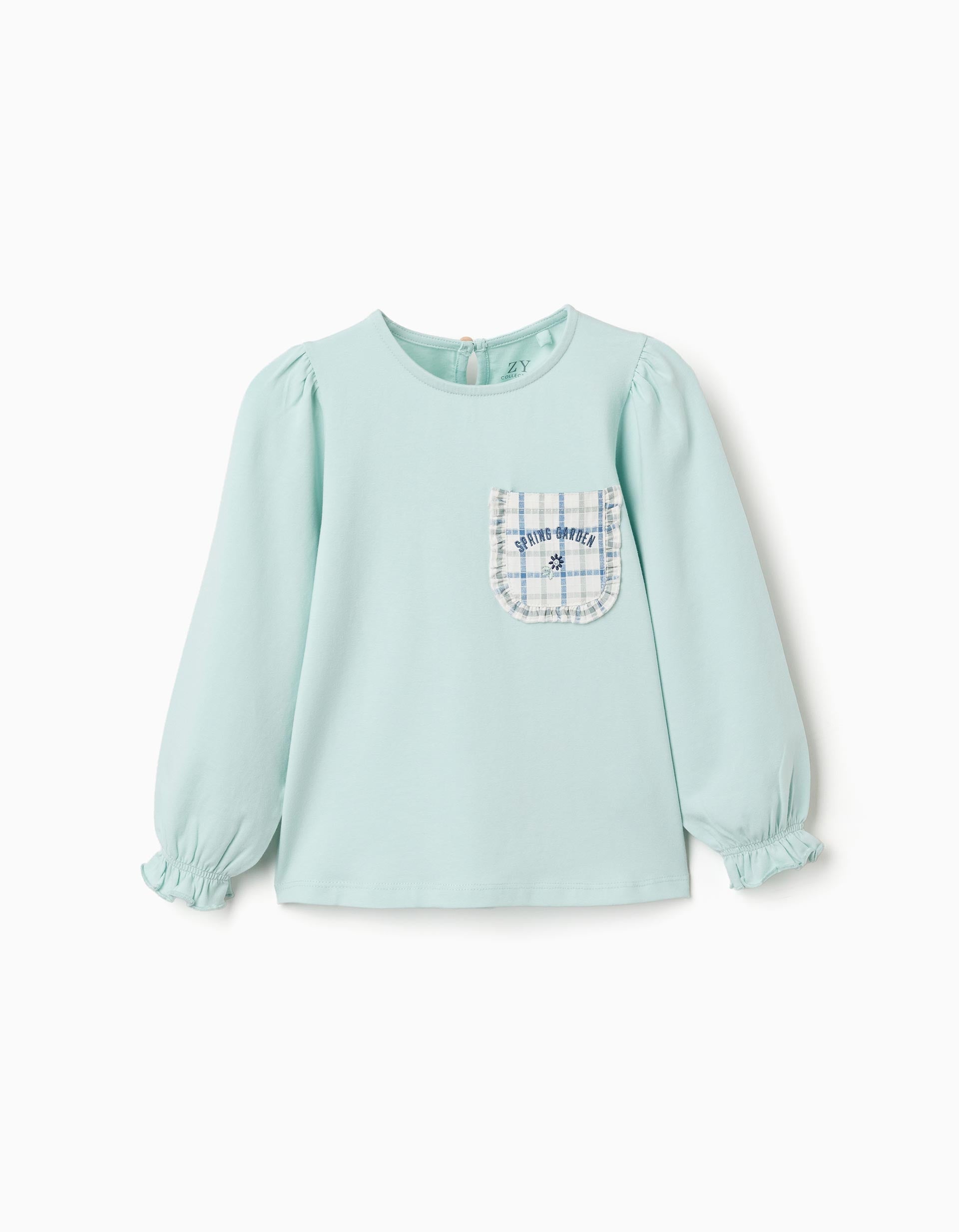 T-shirt de manga comprida de algodão com um bolso para menina, azul-claro