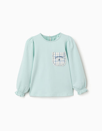 Long sleeve cotton T-shirt with chest pocket for girls, light blue