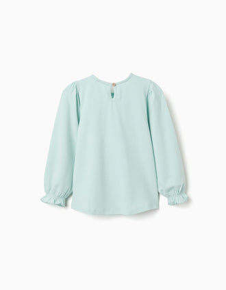 Long sleeve cotton T-shirt with chest pocket for girls, light blue