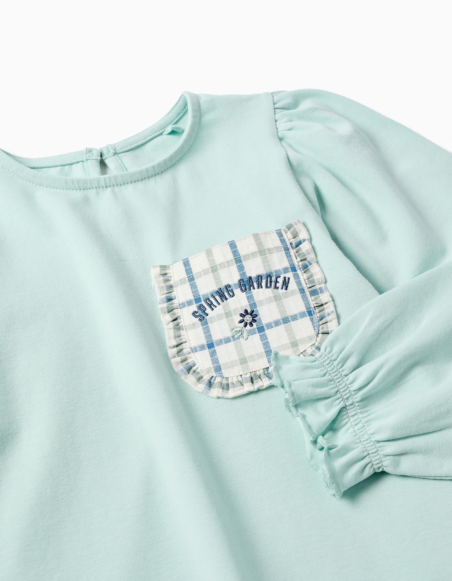 T-shirt de manga comprida de algodão com um bolso para menina, azul-claro