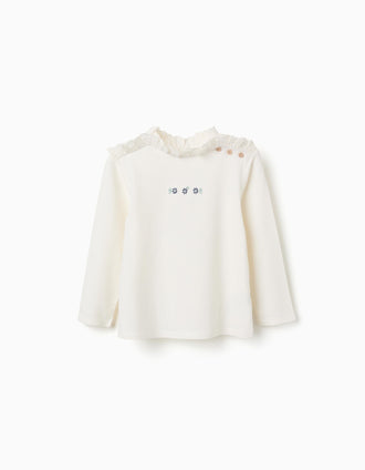 T-shirt en coton à manches longues avec fleurs brodées pour fille, blanc