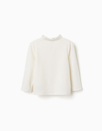 T-shirt en coton à manches longues avec fleurs brodées pour fille, blanc
