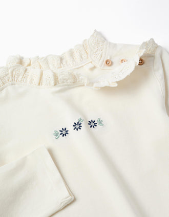 T-shirt en coton à manches longues avec fleurs brodées pour fille, blanc