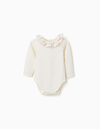Body con cuello de volantes con flores para bebé niña, blanco