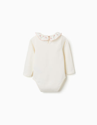 Body con cuello de volantes con flores para bebé niña, blanco