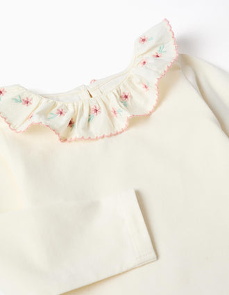 Body con cuello de volantes con flores para bebé niña, blanco