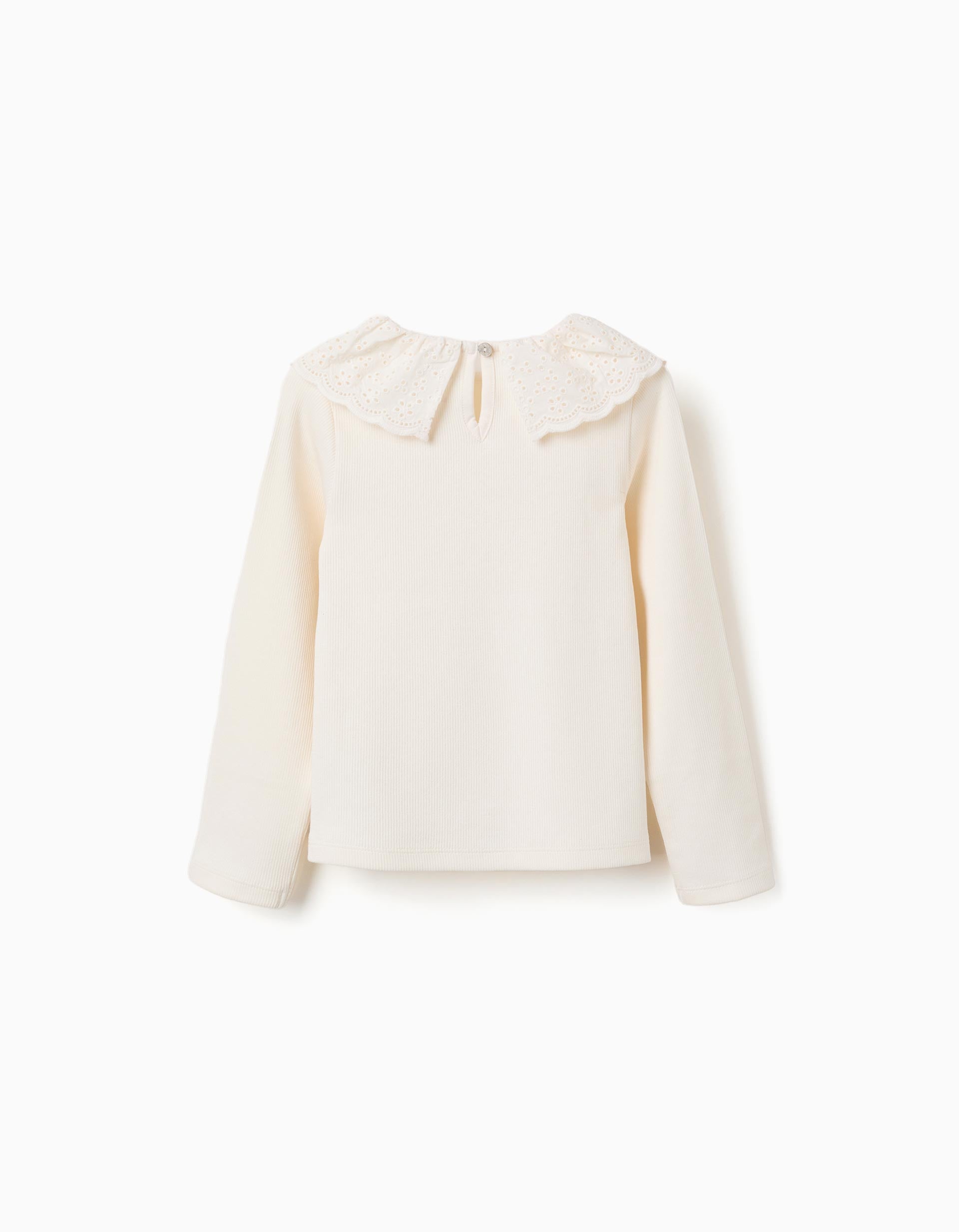 T-shirt de algodão canelado com bordado inglês para menina, branco