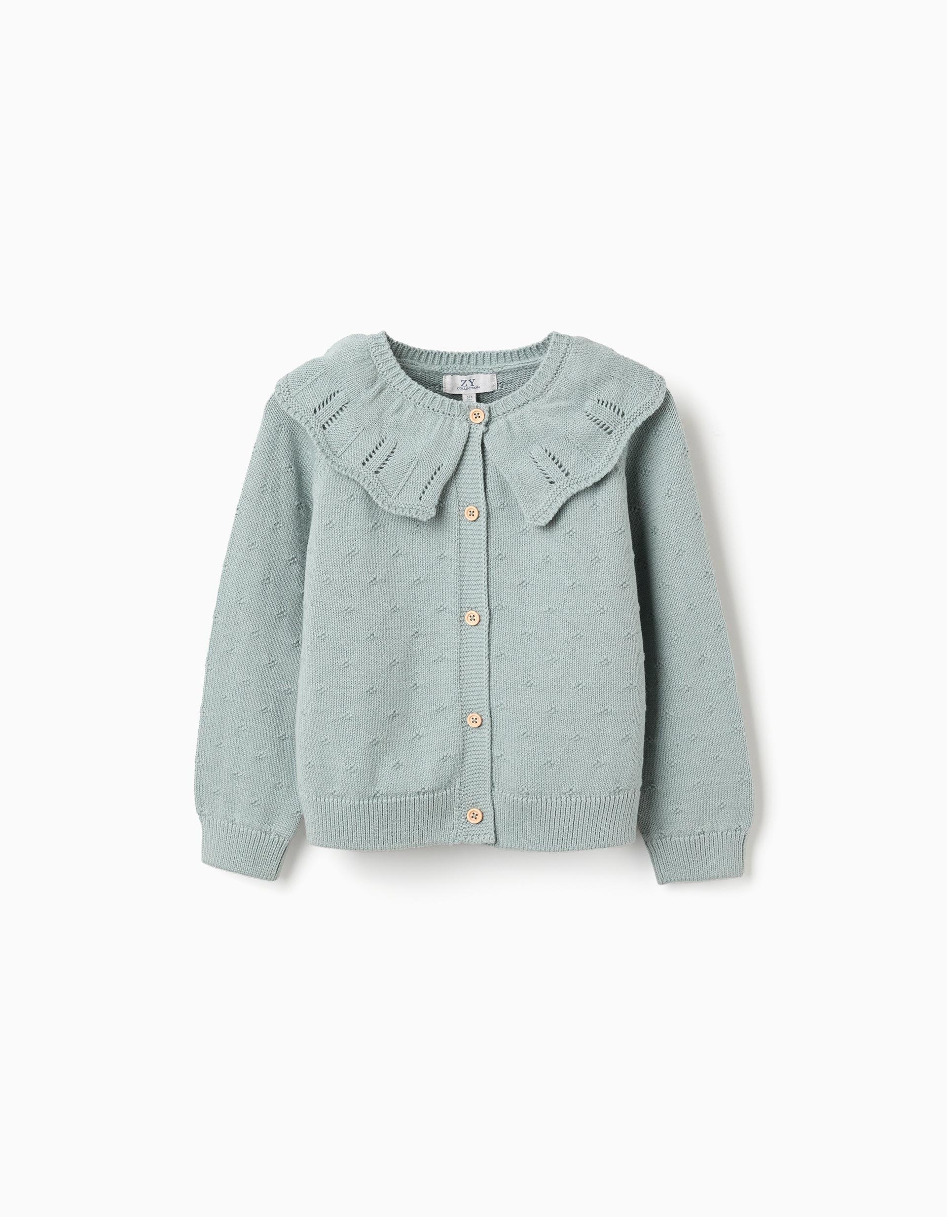 Casaco de malha ajurada de algodão com folhos para menina, verde-claro