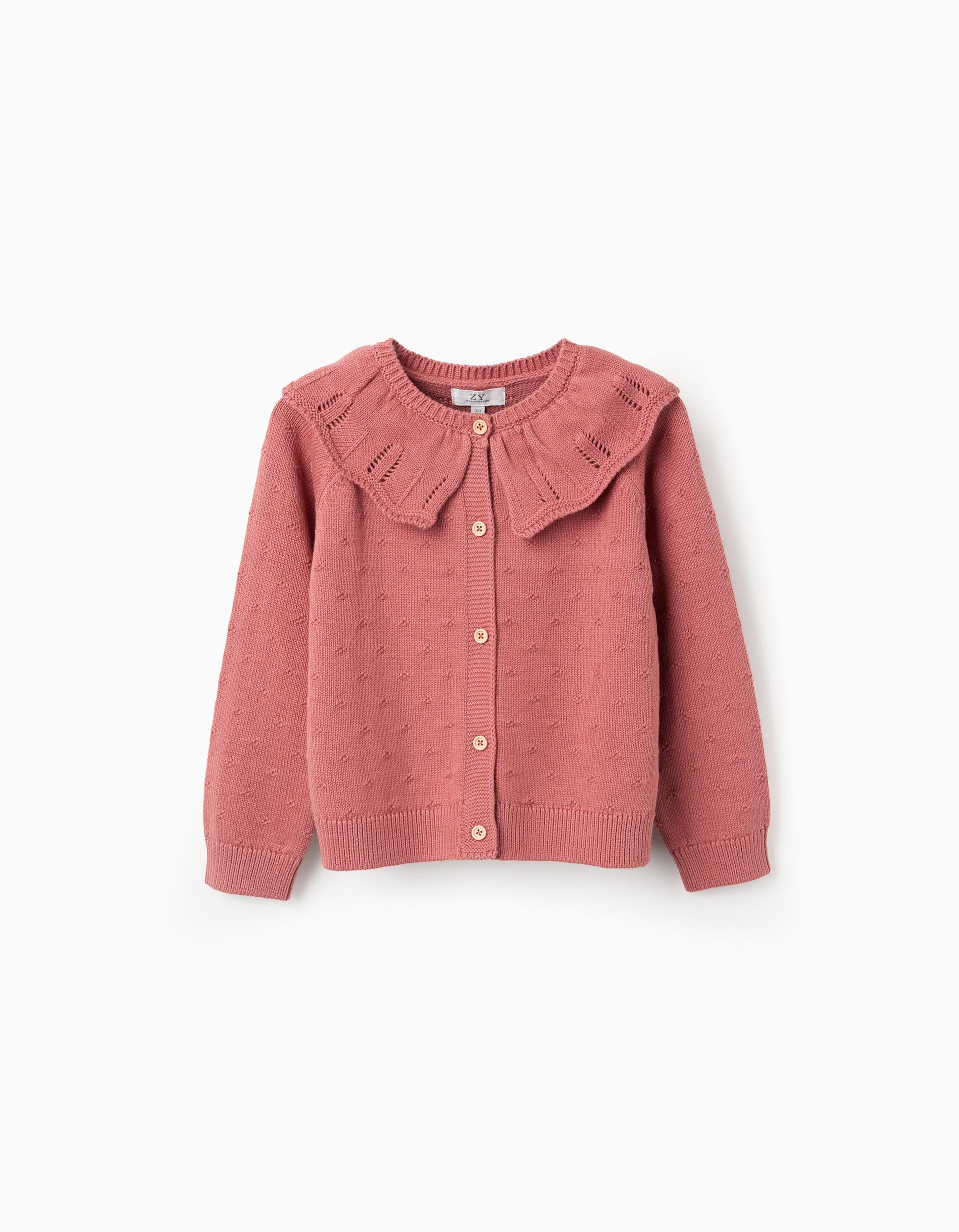 Openwork cotton knit jacket with ruffle collar for girls, pink