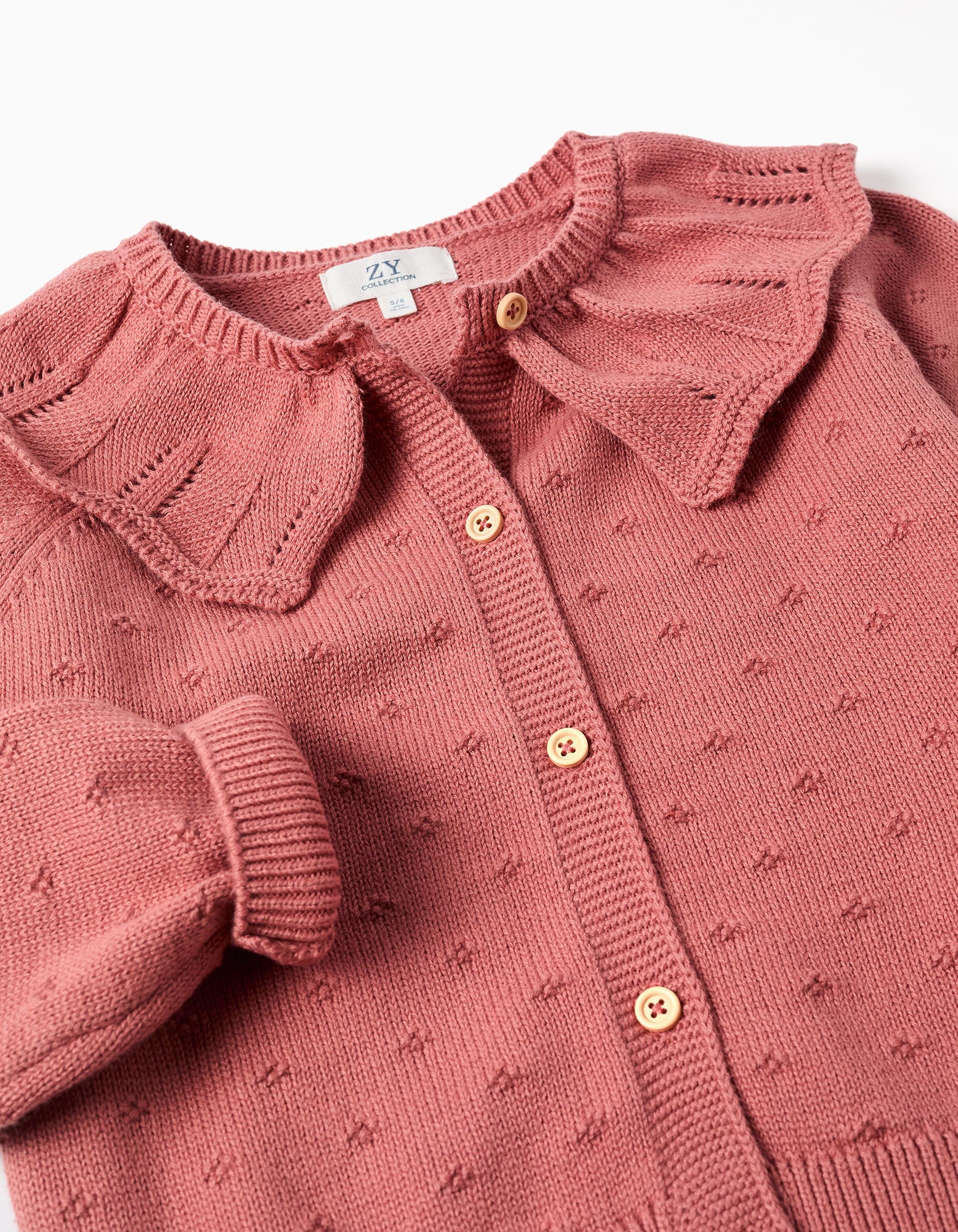 Openwork cotton knit jacket with ruffle collar for girls, pink