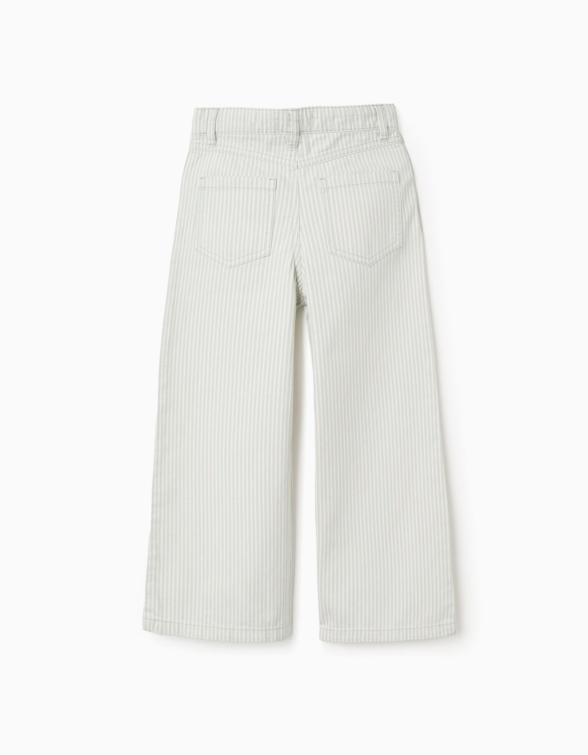Calças wide leg de algodão às riscas para menina, verde-claro/branco