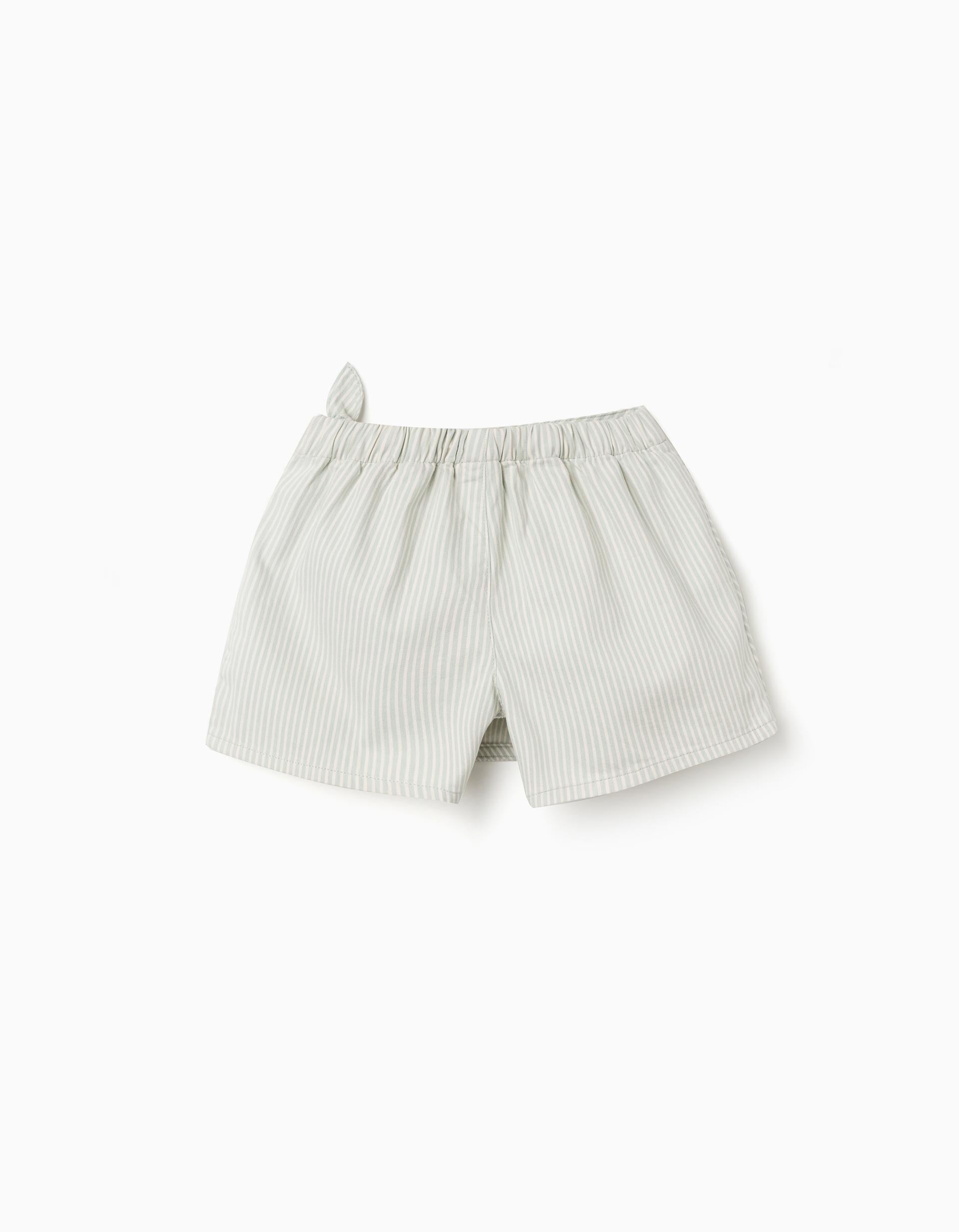 Saia-calção de algodão às riscas com nó para menina, verde-claro/branco