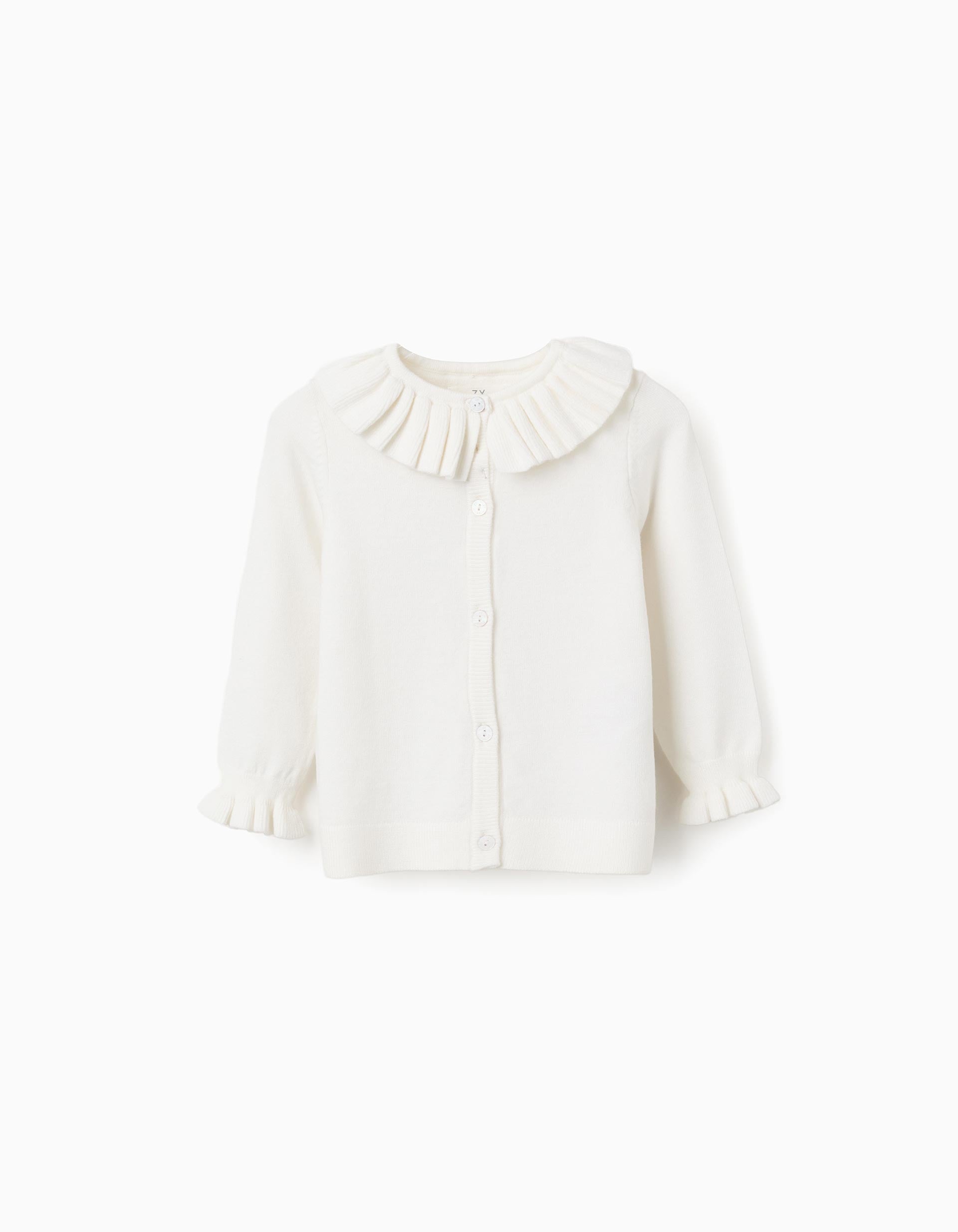 Knitted cardigan with ruffled collar and cuffs for baby girls, white