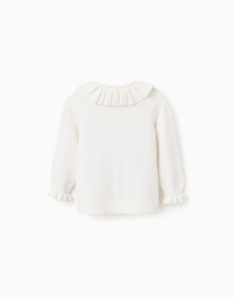 Knitted cardigan with ruffled collar and cuffs for baby girls, white