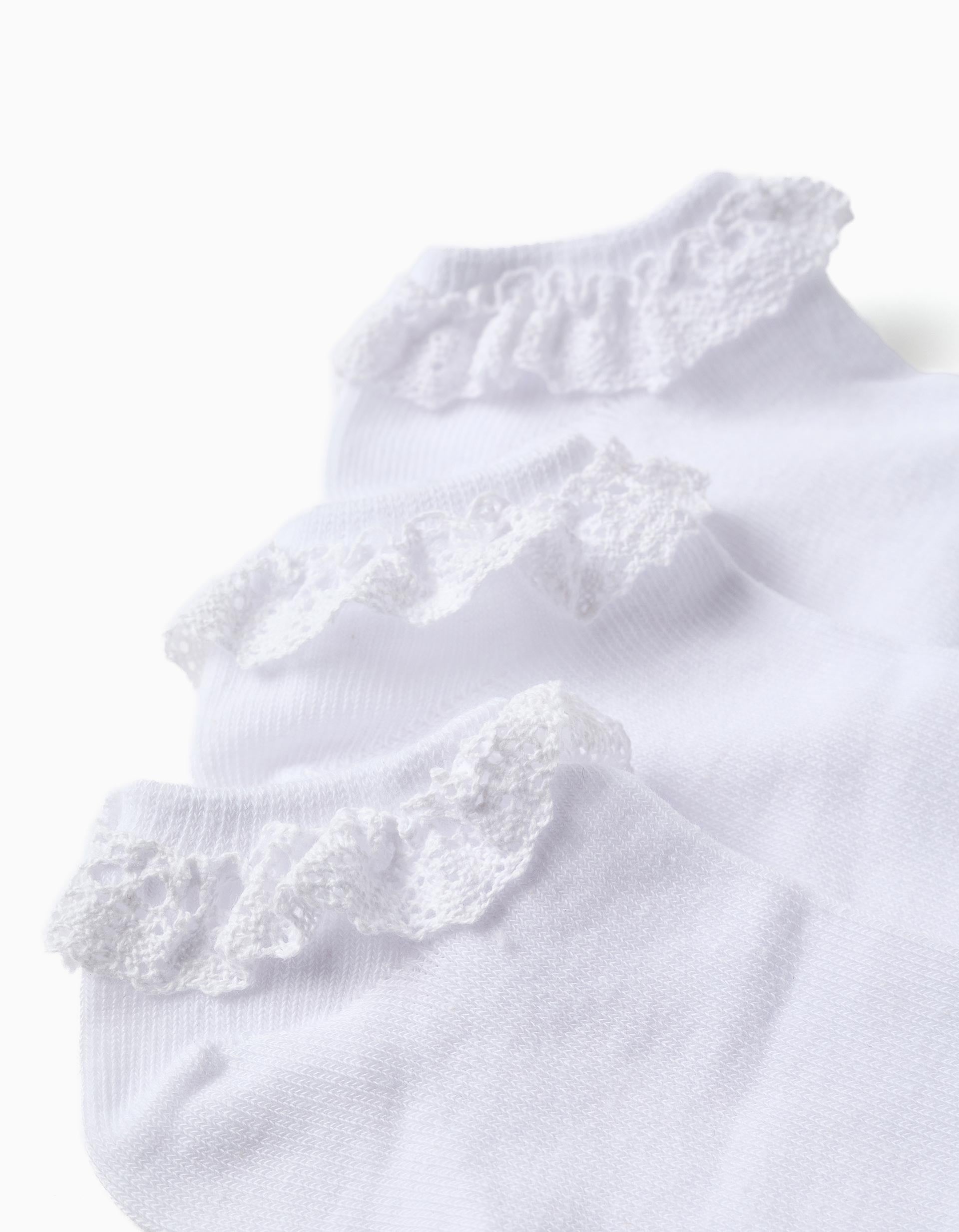 Pack of 3 pairs of ankle socks with lace detail for girls, white