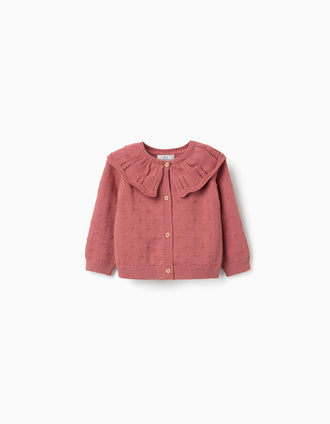 Gilet en maille ajourée de coton avec col à volants pour bébé fille, rose