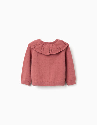 Gilet en maille ajourée de coton avec col à volants pour bébé fille, rose