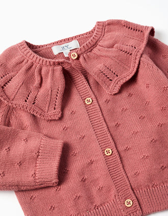 Gilet en maille ajourée de coton avec col à volants pour bébé fille, rose