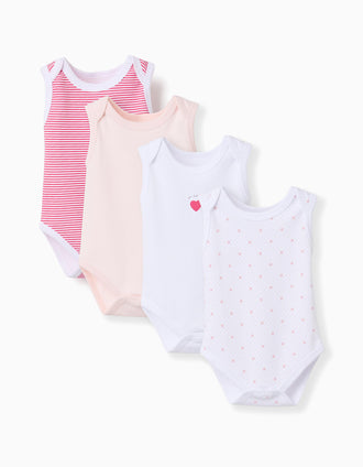 4 bodies sem mangas para recém-nascida e bebé, branco/rosa/vermelho