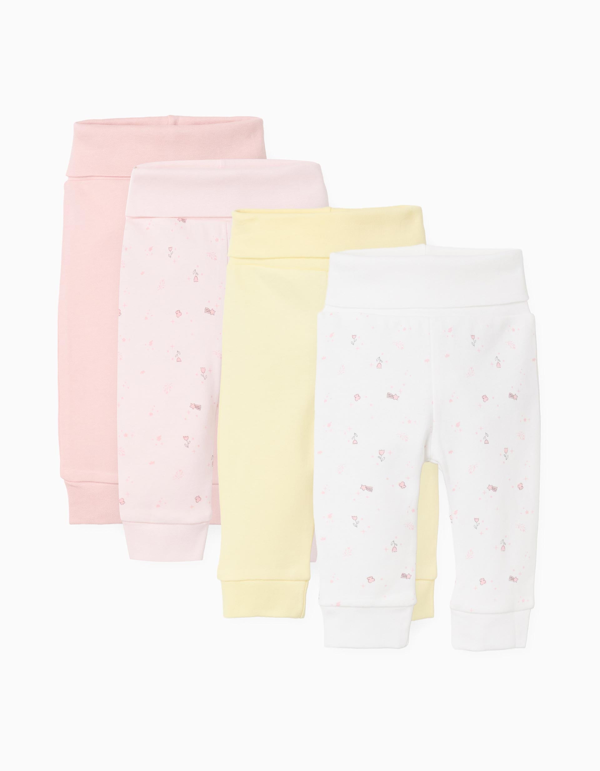 4 plain/floral trousers for newborn and baby girls, multicolour