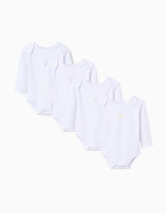 Pack de 4 bodies com estampado para recém-nascidos e bebés, branco