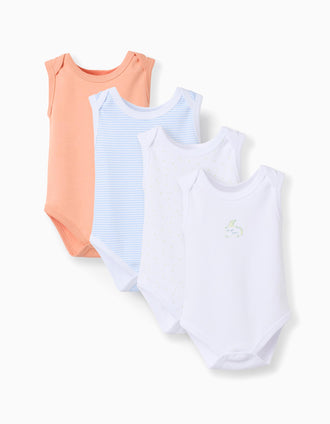 4 bodies sem mangas para recém-nascido e para bebé, branco/azul/laranja
