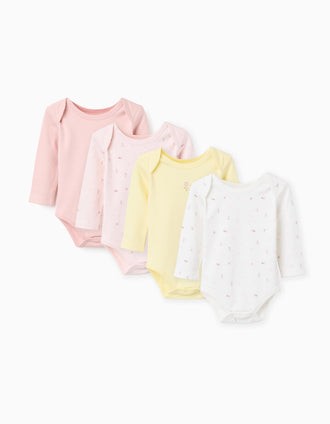 Pack de 4 bodies lisos/florais para recém-nascida e bebé, multicolor