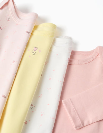 Pack de 4 bodies lisos/florais para recém-nascida e bebé, multicolor
