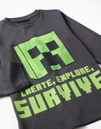 Pijama comprido de algodão com estampado Minecraft para menino, cinza/verde