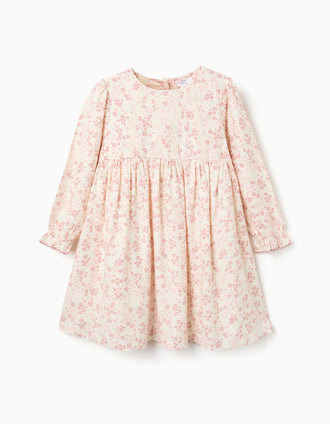 Long sleeve floral dress with lining for girls, light beige/pink