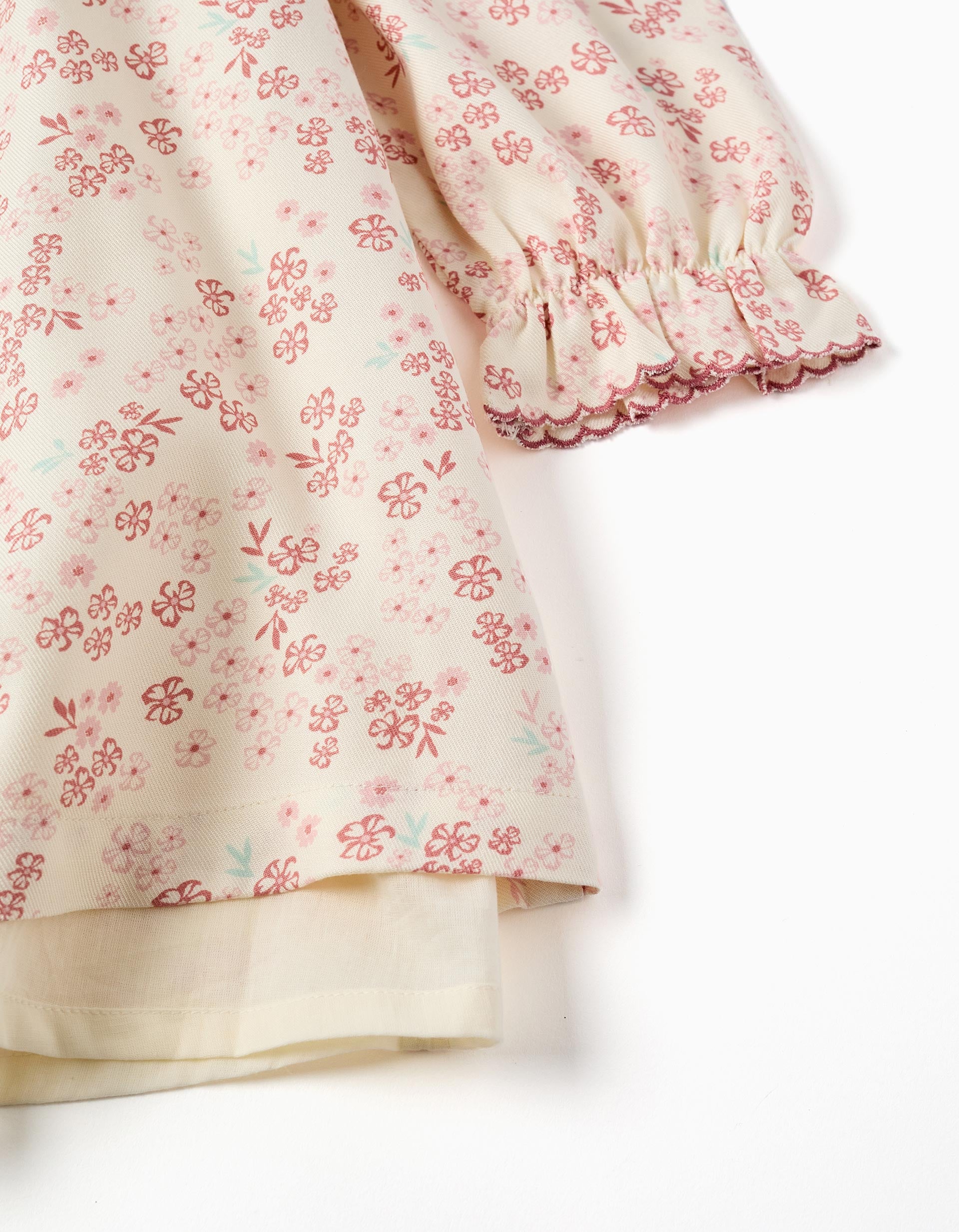 Vestido floral de manga comprida com forro para menina, bege-claro/rosa