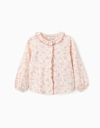 Blouse florale à manches longues et volants pour fille, beige clair/rose
