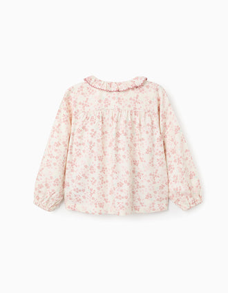 Blouse florale à manches longues et volants pour fille, beige clair/rose