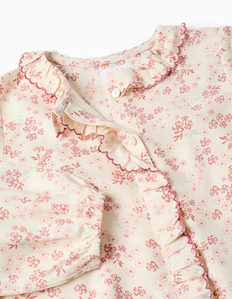 Blouse florale à manches longues et volants pour fille, beige clair/rose