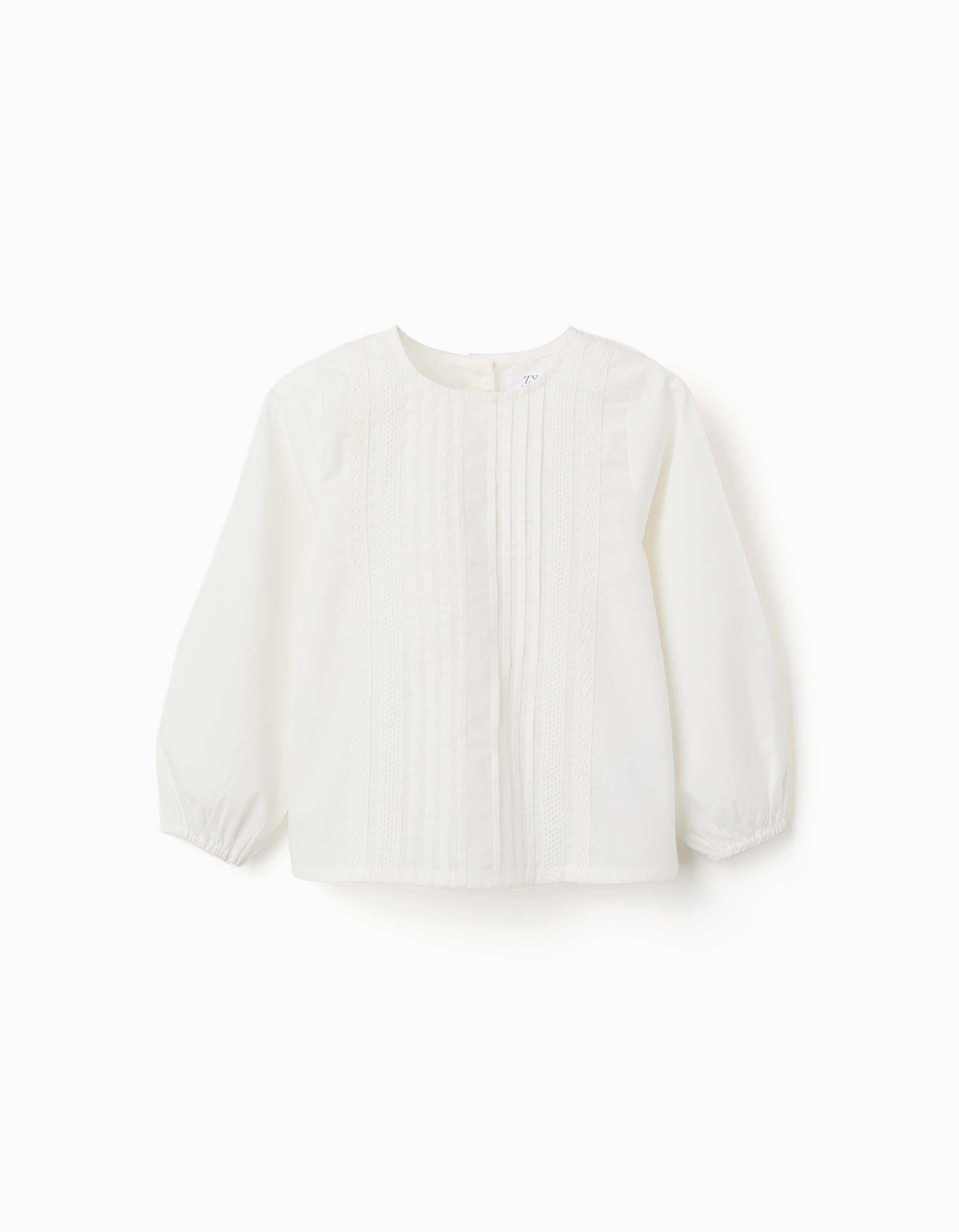 Blouse en popeline à manches longues et plis pour fille, blanc