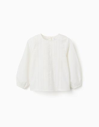 Long sleeve poplin blouse with front pleats for girls, white
