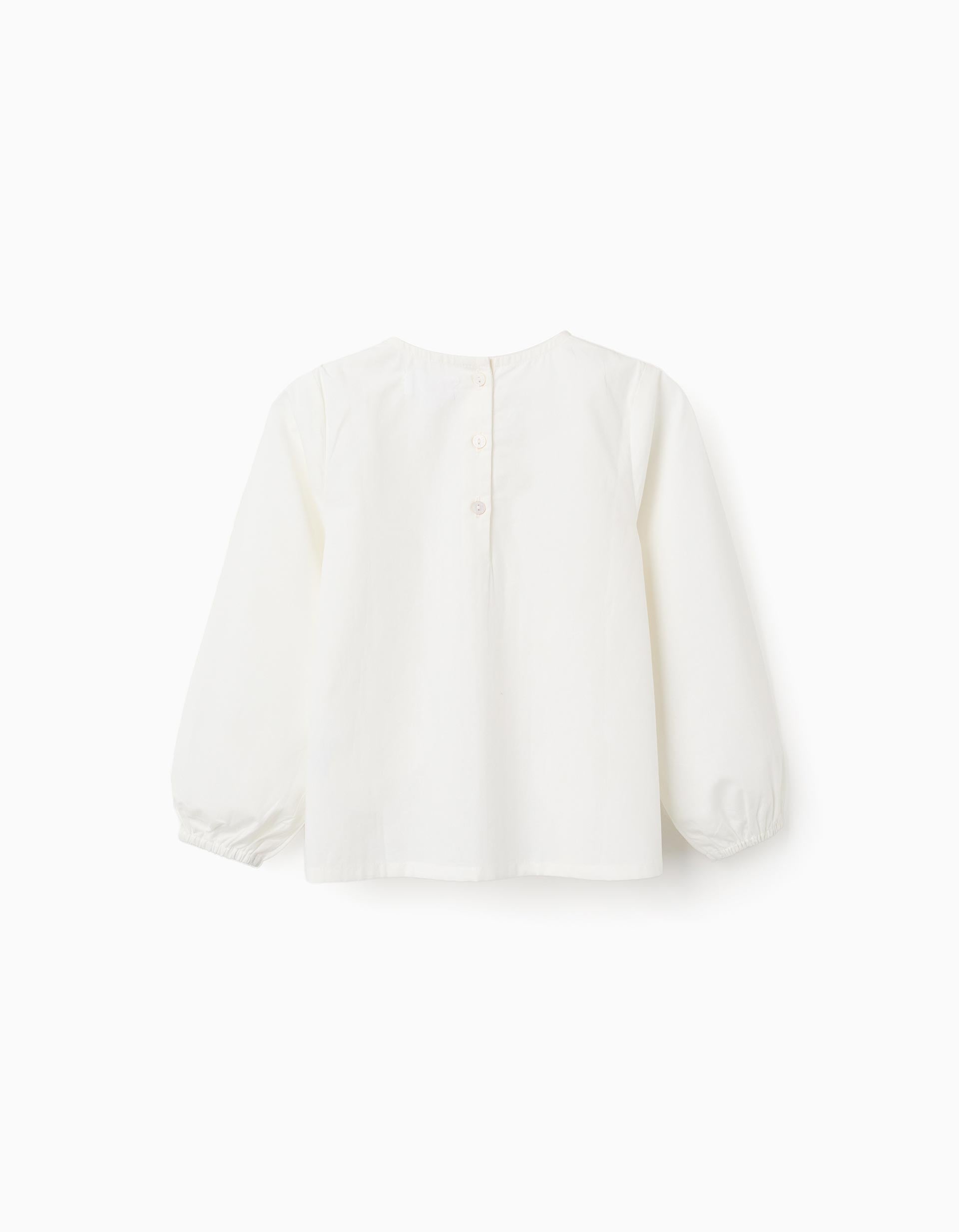Blouse en popeline à manches longues et plis pour fille, blanc