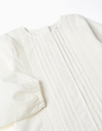 Long sleeve poplin blouse with front pleats for girls, white