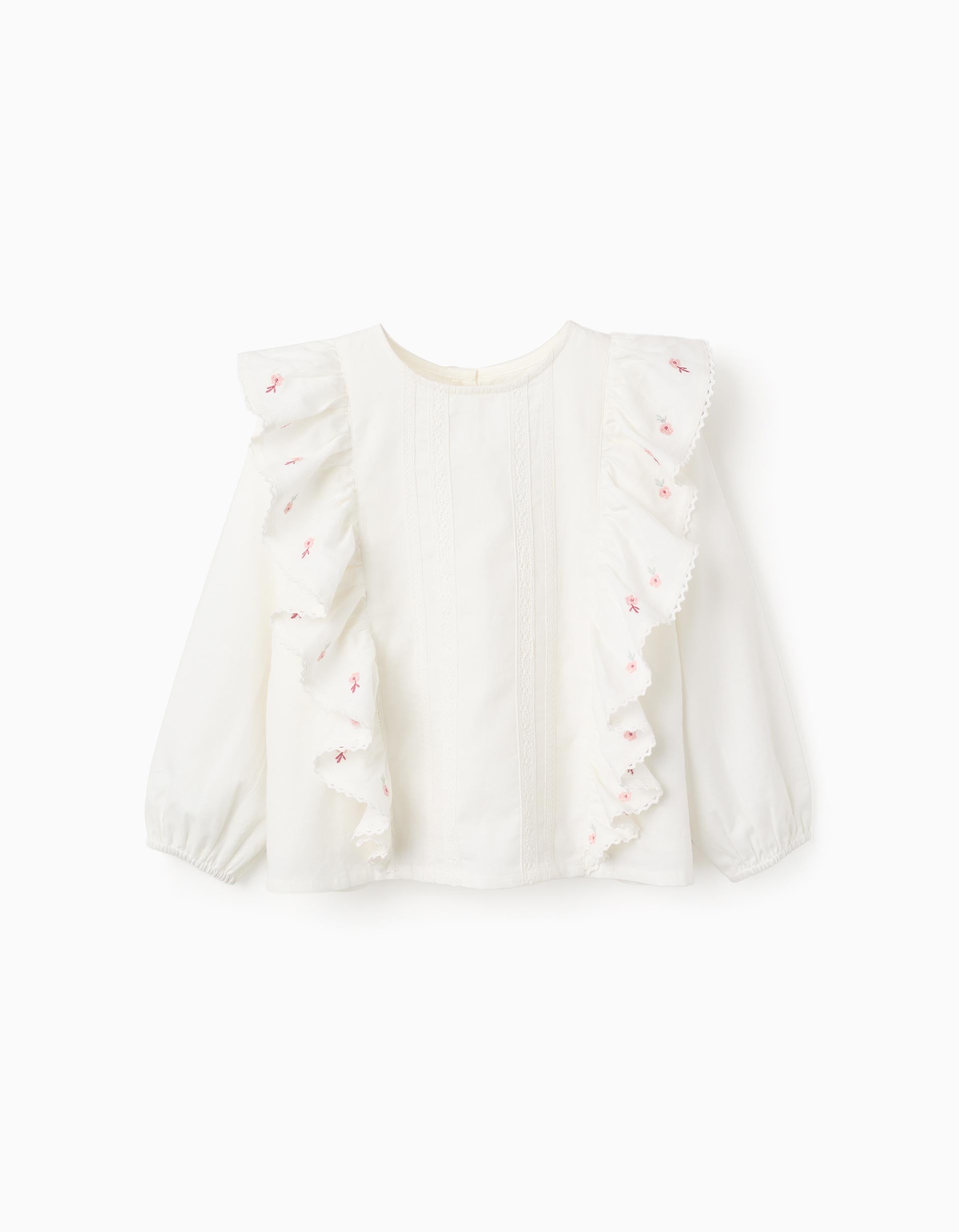 Blusa de sarja de manga comprida com folhos e flores para menina, branco