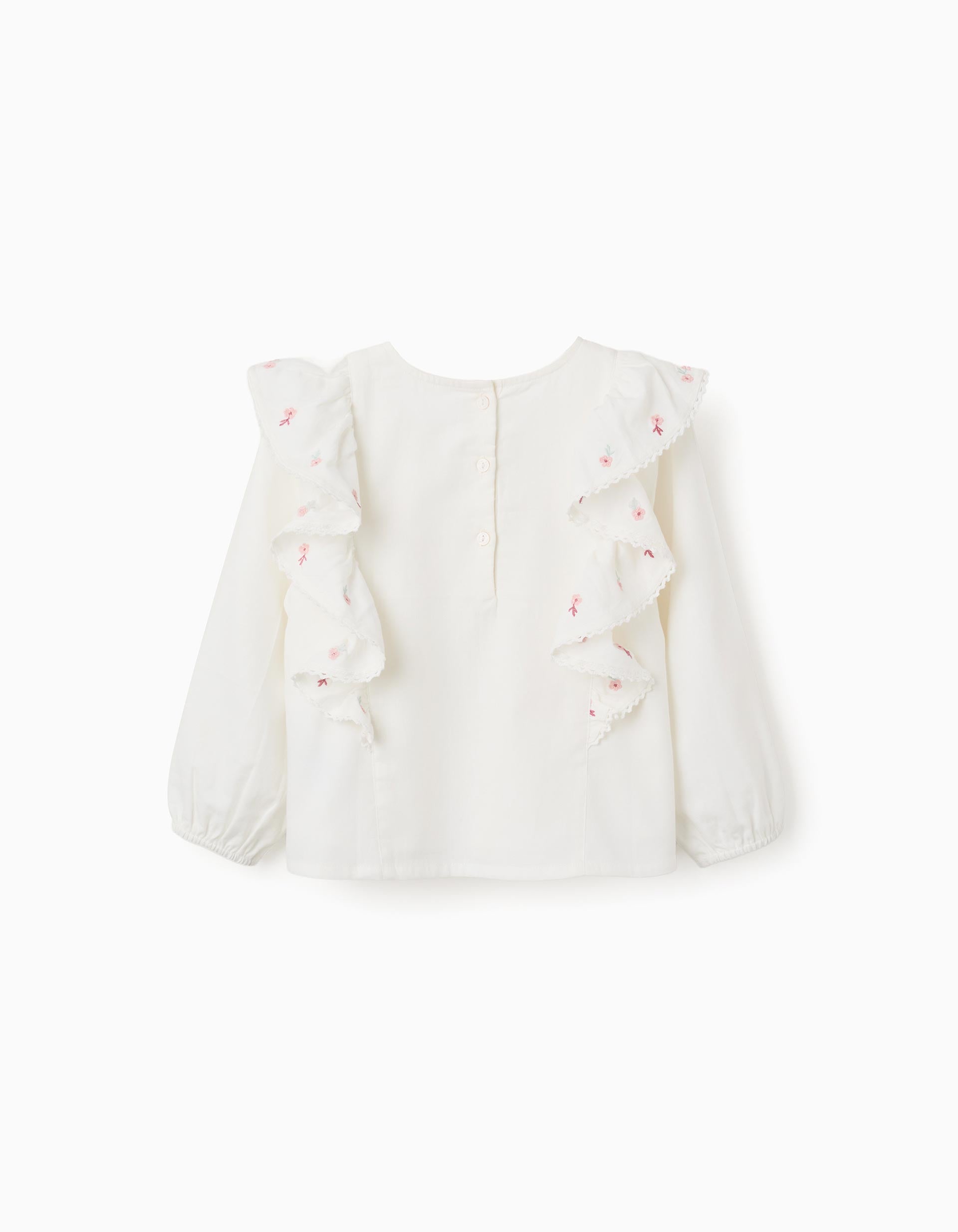 Blusa de sarja de manga comprida com folhos e flores para menina, branco