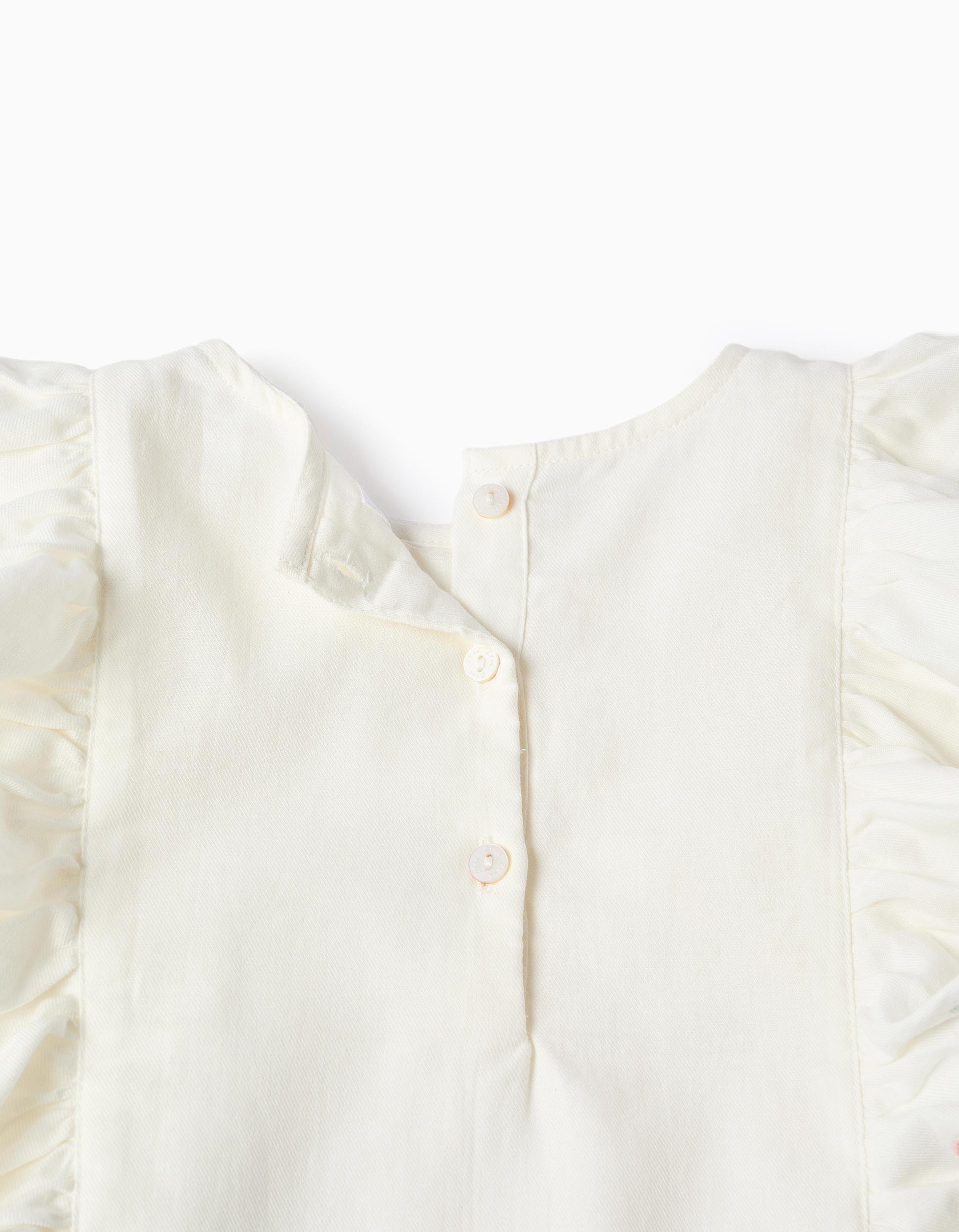 Blusa de sarja de manga comprida com folhos e flores para menina, branco