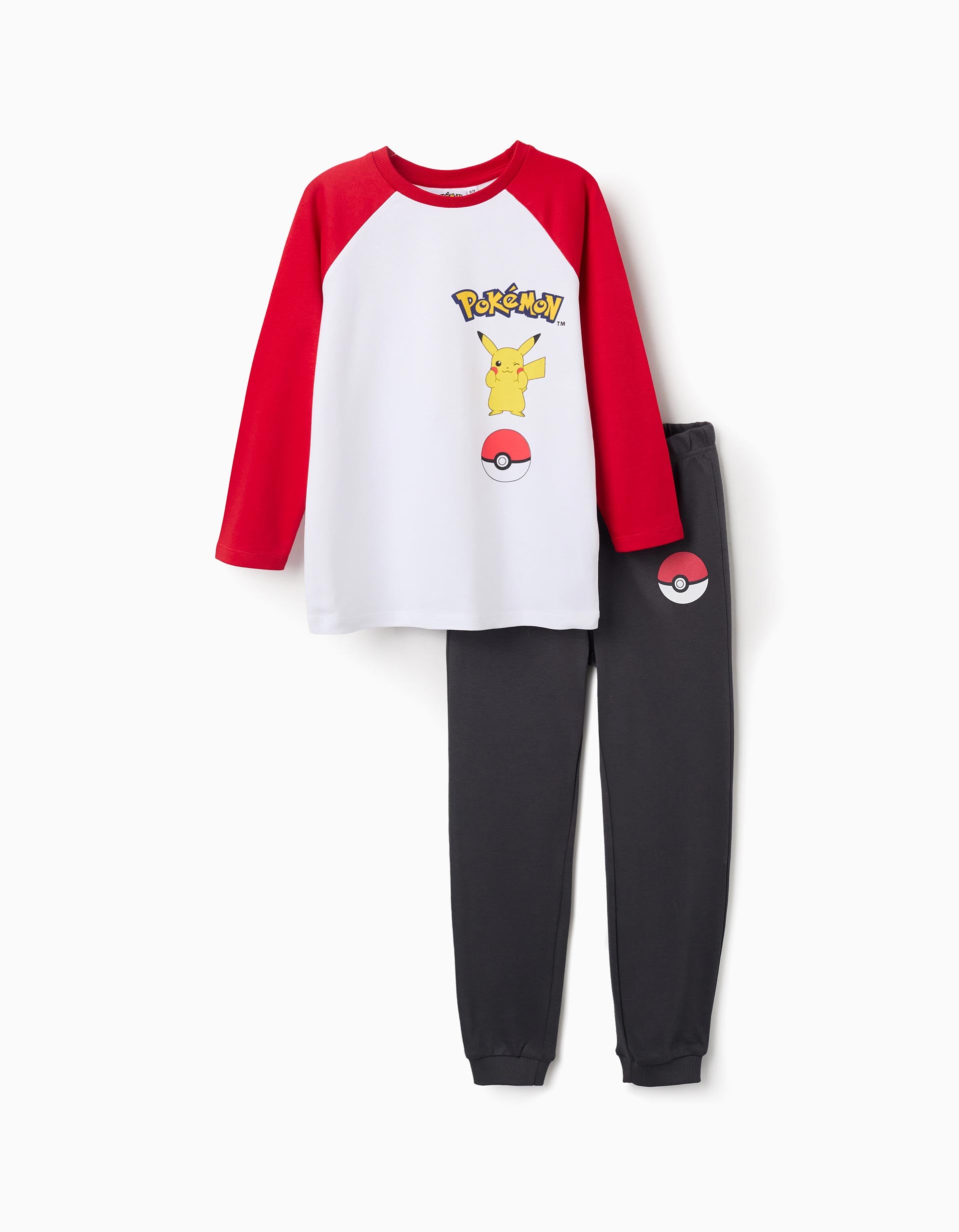 Long sleeve cotton pyjamas with Pokémon print for boys, white/red/grey