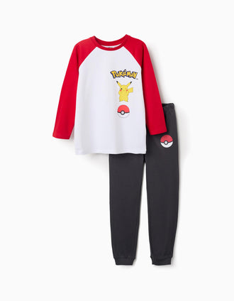 Pyjama long en coton à imprimé Pokémon pour garçon, blanc/rouge/gris