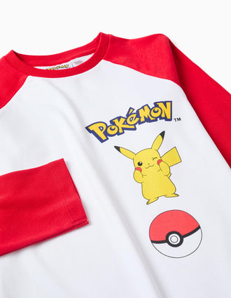 Pyjama long en coton à imprimé Pokémon pour garçon, blanc/rouge/gris