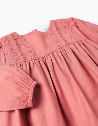 Long sleeve poplin dress with broderie anglaise for baby girls, pink
