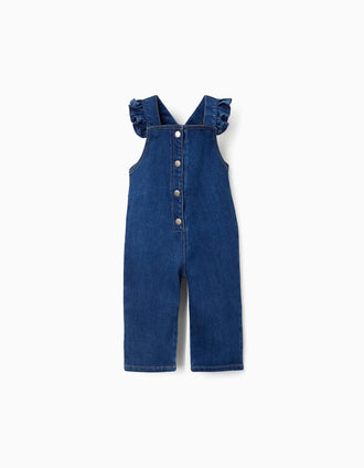 Macacão de ganga com alças com folhos para bebé menina, azul-escuro
