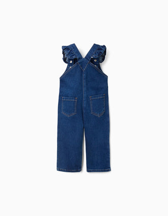 Macacão de ganga com alças com folhos para bebé menina, azul-escuro