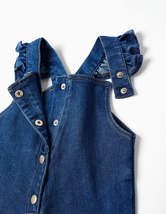 Macacão de ganga com alças com folhos para bebé menina, azul-escuro