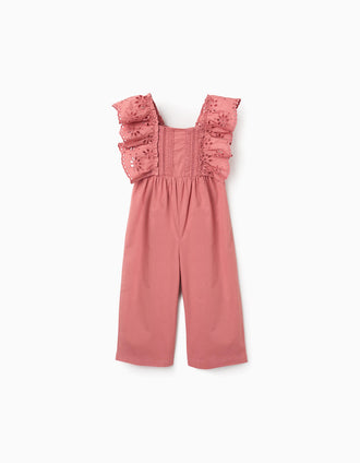 Macacão de popeline com folhos e bordado inglês para bebé menina, rosa